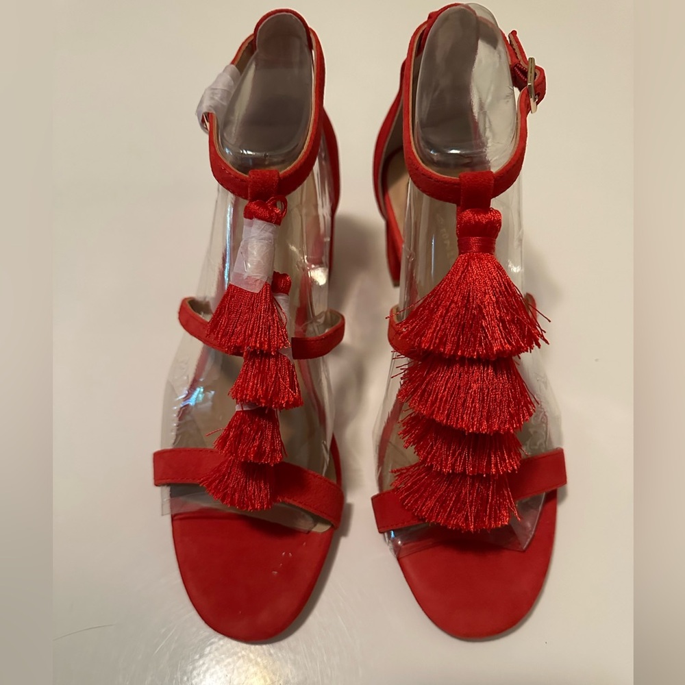 Anthropologie Tassel Front Red Suede Heeled Sandals.  Size 8.5